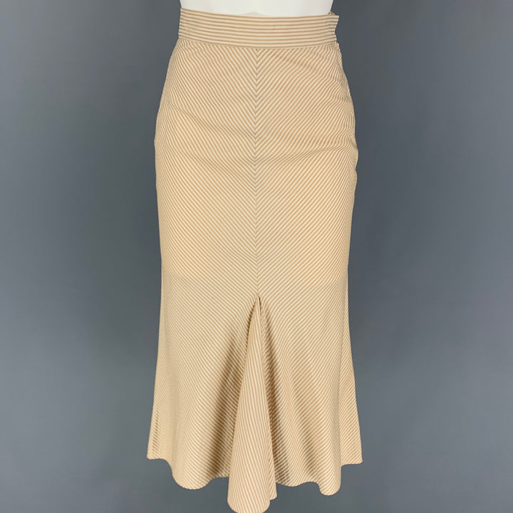 ZAC POSEN Size 6 Beige Cream Silk Stripe Mid-Calf Skirt