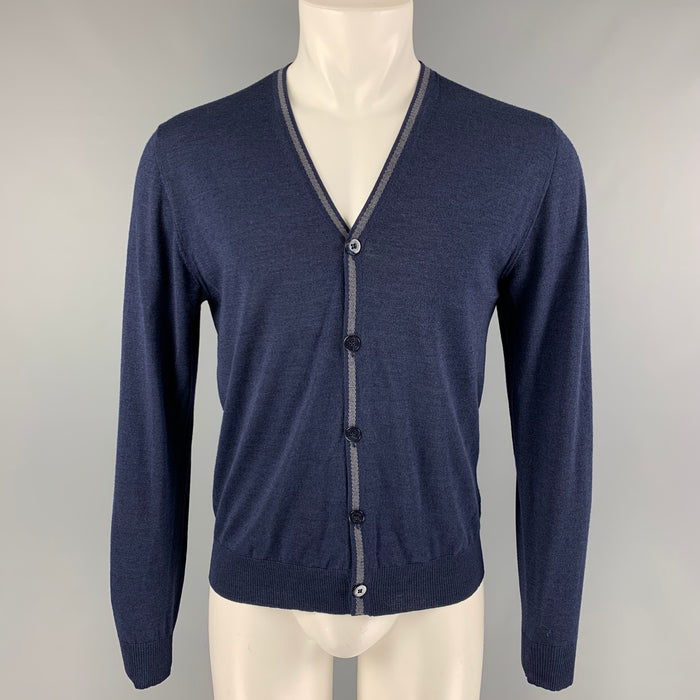 ETRO Size M Navy Grey Contrast Trim Wool Silk V-Neck Cardigan