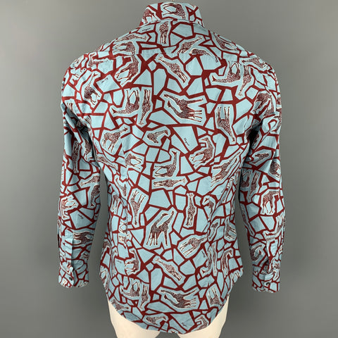 SALVATORE FERRAGAMO Size L Blue & Burgundy Giraffe Print Cotton Long Sleeve Shirt