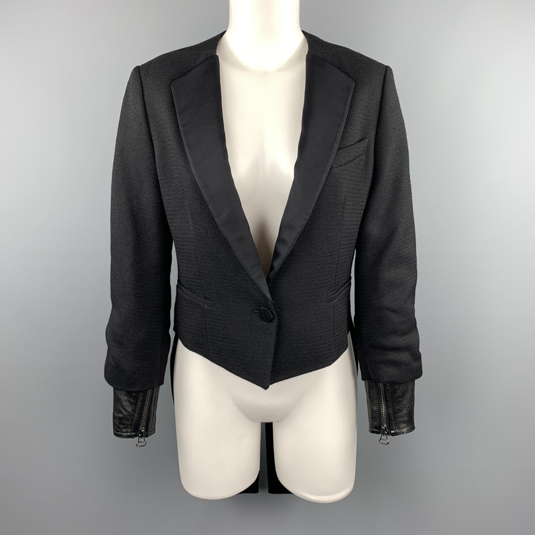 3.1 PHILLIP LIM Size XS Black Woven Tuxedo Lapel Leather Cuff Tails Jacket