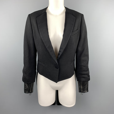 3.1 PHILLIP LIM Size XS Black Woven Tuxedo Lapel Leather Cuff Tails Jacket