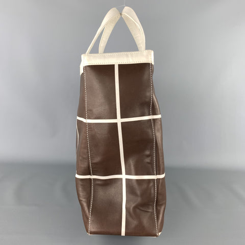 RALPH LAUREN Brown & White Window Pane Print Tote Handbag