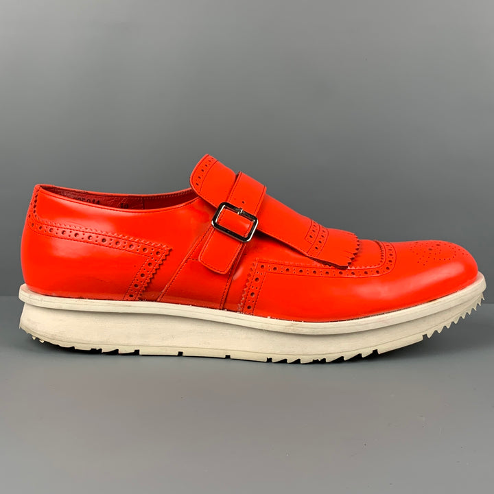 PRADA Size 11 Orange Perforated Leather Monk Strap Loafers