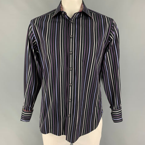 TED BAKER Size L Black Purple Stripe Cotton French Cuff Long Sleeve Shirt