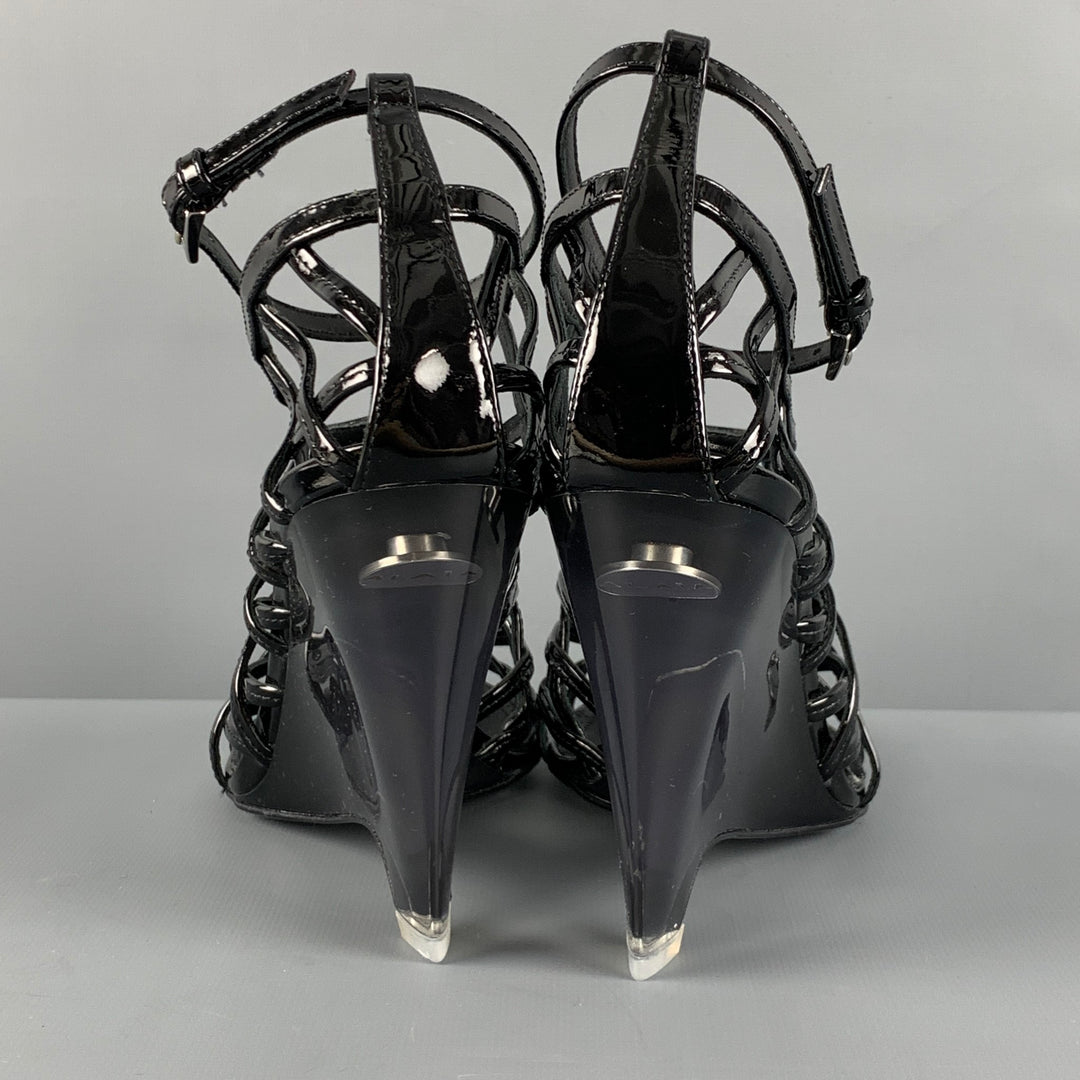 ALAIA Size 7 Black Caged Patent Leather Wedge Sandals
