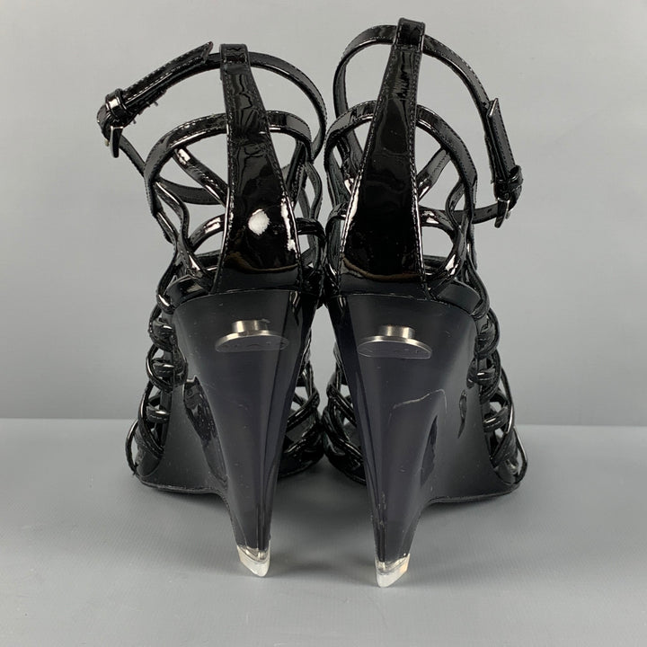 ALAIA Size 7 Black Caged Patent Leather Wedge Sandals