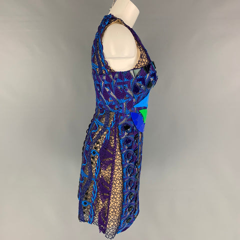 PETER PILOTTO Size 8 Purple Blue Polyester Embroidered Sleeveless Cocktail Dress