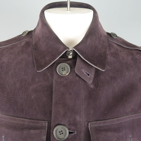 BURBERRY PRORSUM Printemps 2015 42 Veste ceinturée en daim violet aubergine avec poches plaquées