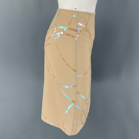 CALVIN KLEIN Size 8 Beige Silk Sequined A-Line Skirt