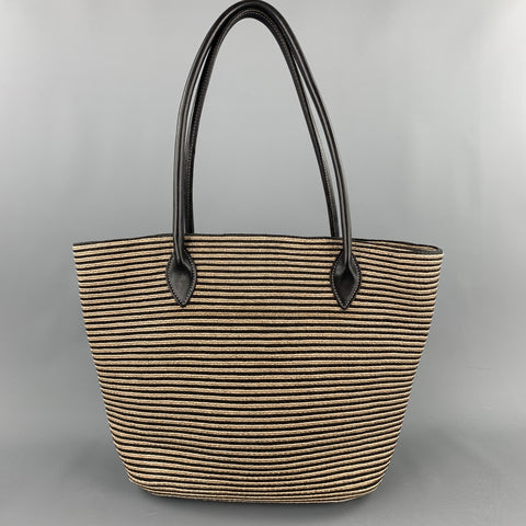 ERIC JAVITS Stripe Beige Straw Leather Tote Handbag & Leather Goods