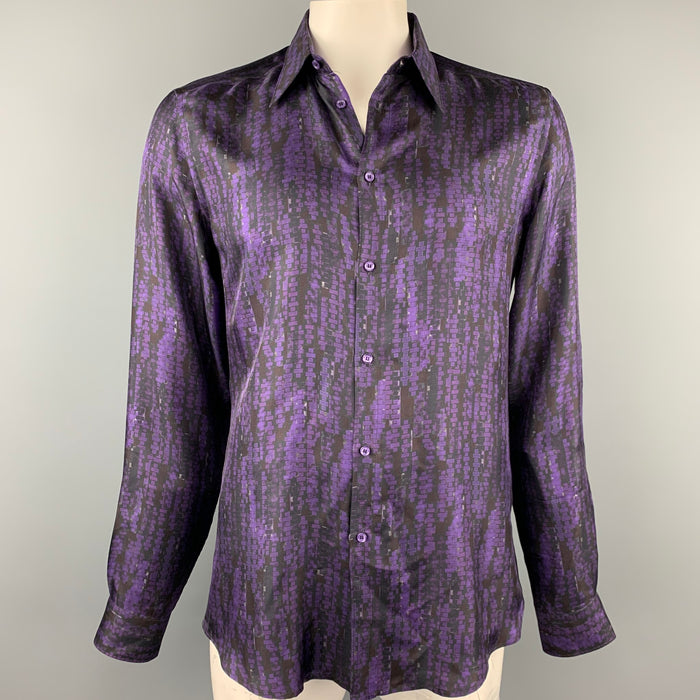 VERSACE Size L Purple & Black Print Silk Button Up Long Sleeve Shirt