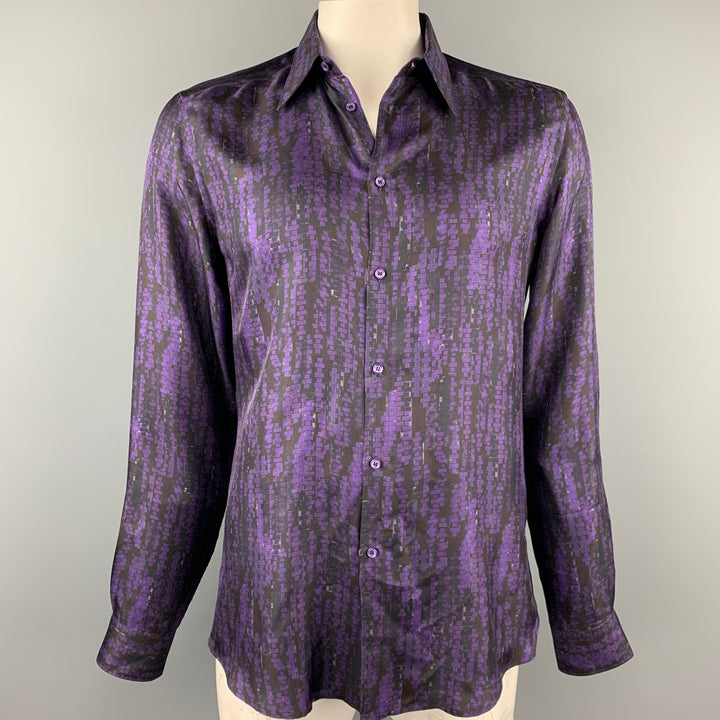 VERSACE Taille L Chemise à manches longues boutonnée en soie imprimée violette et noire