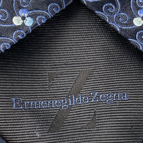 ERMENEGILDO ZEGNA Black Blue Swirls Silk Satin Tie