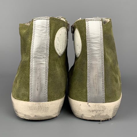 GOLDEN GOOSE Francy Size 10 Olive Distressed Suede High Top Sneakers