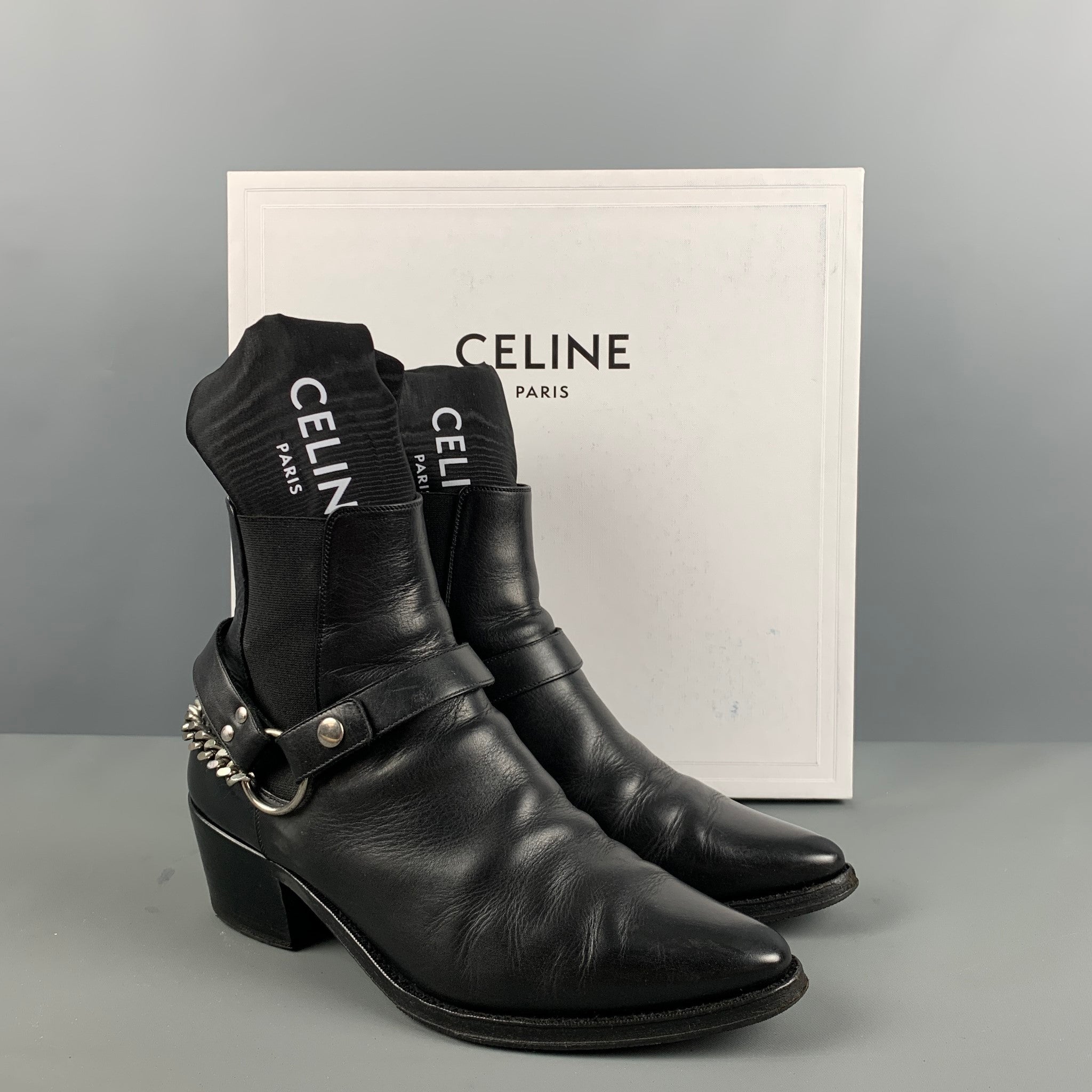 CELINE Size 8 Black Chain Leather Chelsea Boots – Sui