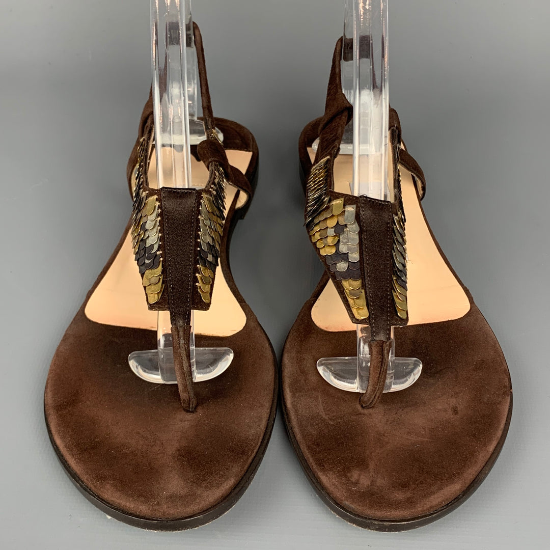 JIMMY CHOO Size 6 Brown & Gold Sequined Suede Flat Sandals