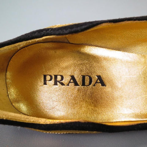 PRADA Primavera 2008 Talla 6 Zapatos de tacón metálicos con puños y volantes en ante negro y dorado