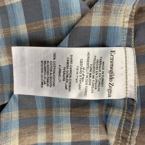 ERMENEGILDO ZEGNA Size XL Blue & Taupe Plaid Cotton Button Down Long Sleeve Shirt