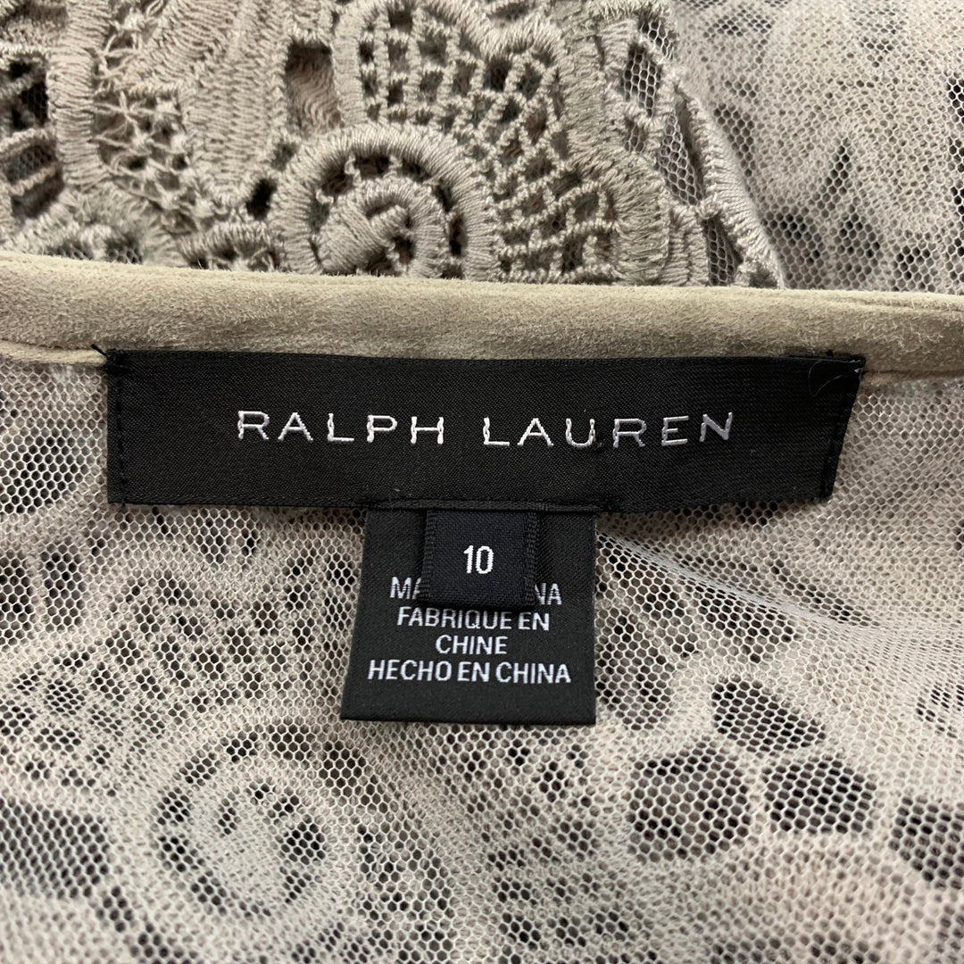 RALPH LAUREN Black Label Size 10 Light Gray Lace Textured Cotton Leather Trim Cardigan