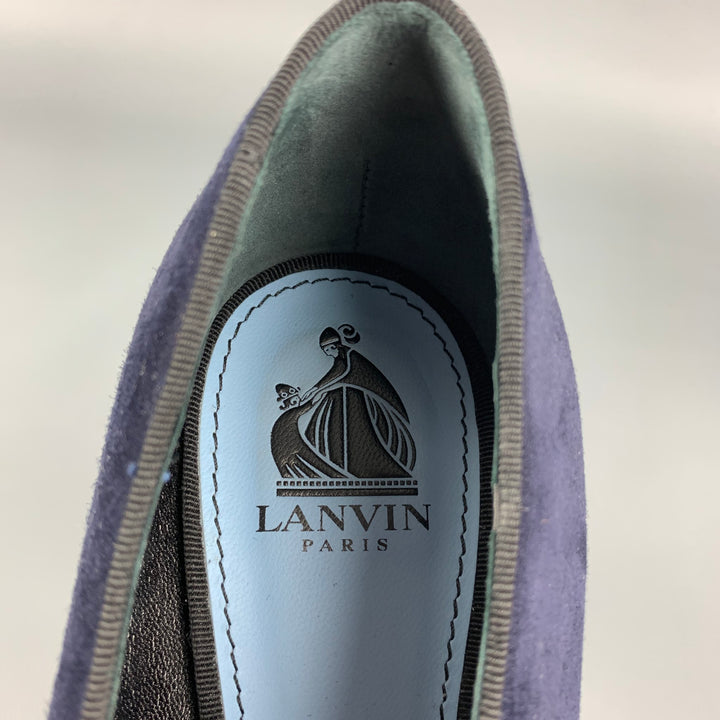 LANVIN Size 8 Navy Suede Patent Leather Cap Toe Pumps