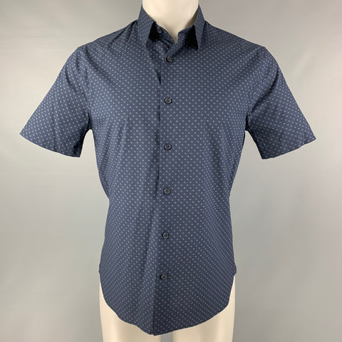 VINCE Size S Navy and White Dots Rayon &  Cotton Short Sleeve Shirt