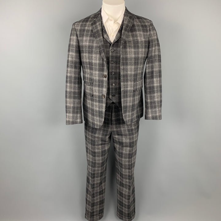 BLACK FLEECE Size 38 Dark Gray Plaid Wool / Cashmere 3 Piece Suit