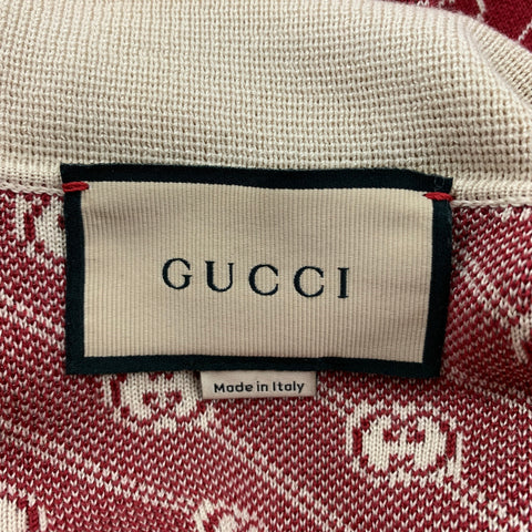 GUCCI Size L Burgundy Beige Logo Wool Silk Buttoned Polo
