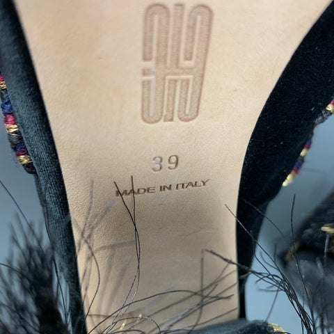 SANAYI 313 Zapatos de tacón tipo mulas bordados de terciopelo negro dorado talla 9