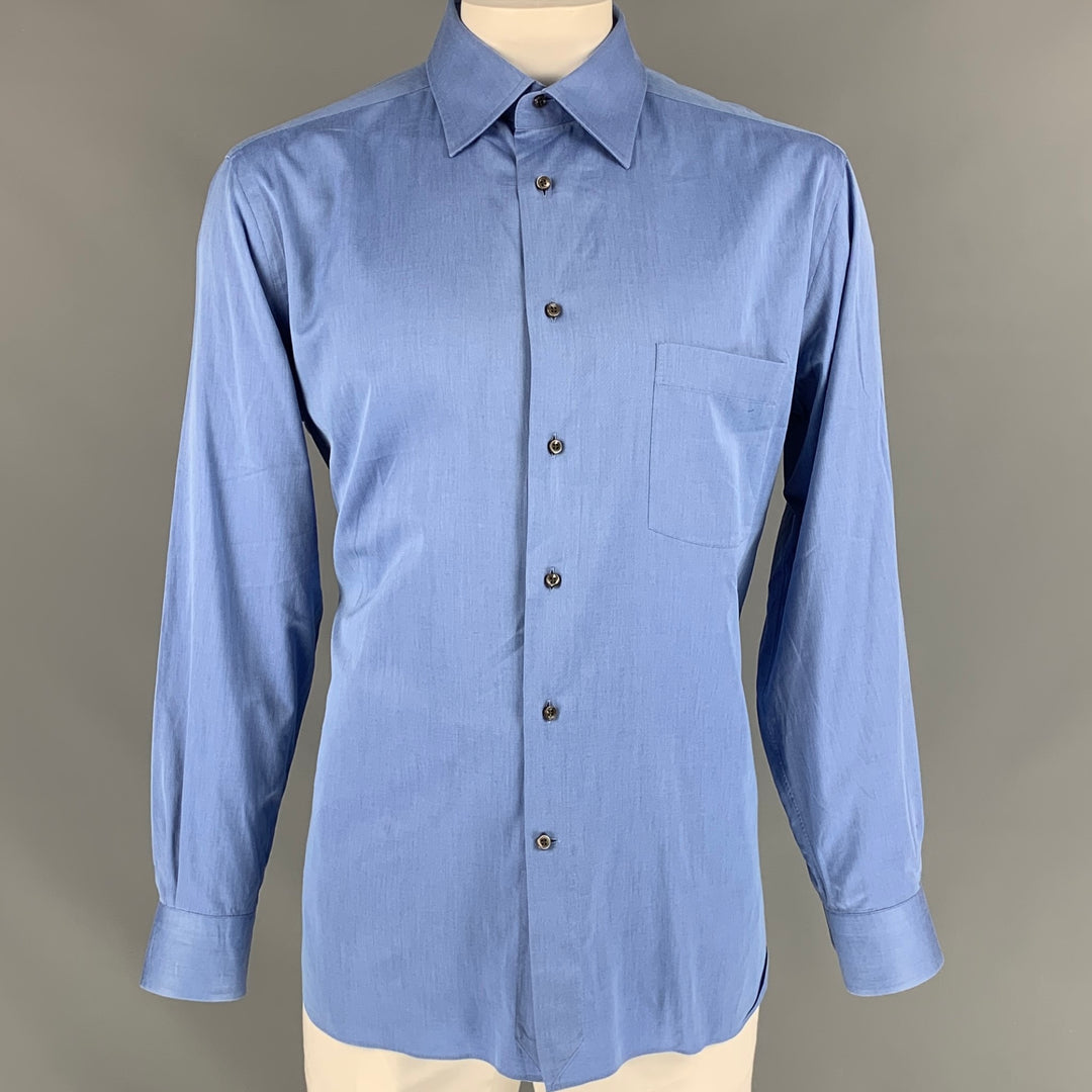 ERMENEGILDO ZEGNA Size XL Blue Solid Cotton Button Down Long Sleeve Shirt