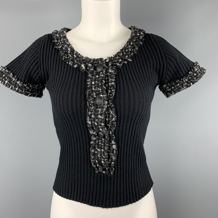 CAROLINA HERRERA Size 6 Black Wool Blend Gray Trim Short Sleeve Button Pullover