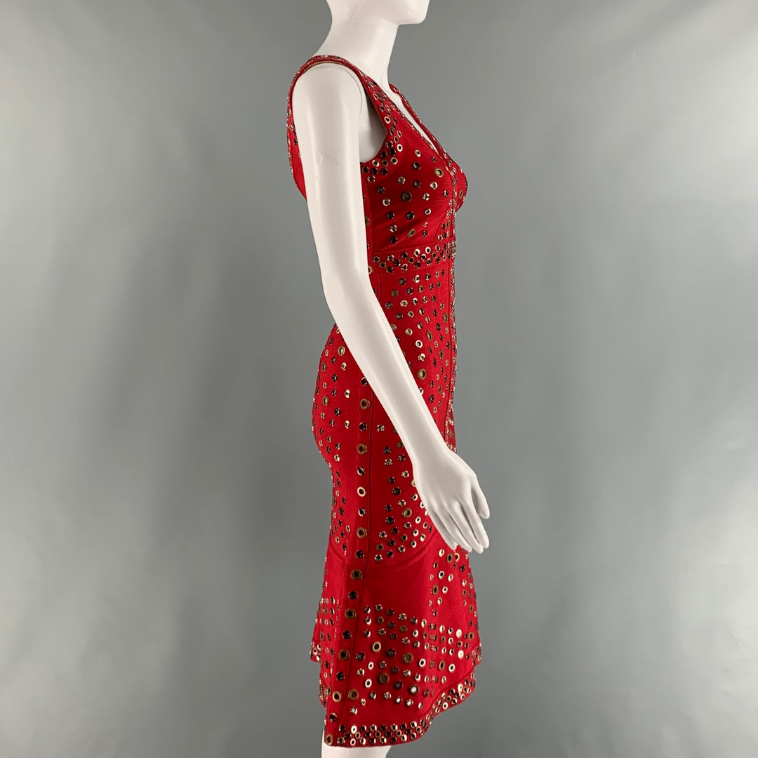 HERVE LEGER Size XXS Red Rayon Blend Grommets A-Line Dress Sui Generis Designer Consignment HERVE LEGER Size XXS Red Rayon Blend Grommets A-Line Dress Sui Generis Designer Consignment