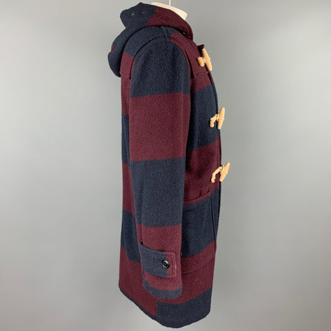 WOOLRICH Size M Burgundy & Navy Stripe Wool / Nylon Hooded Coat