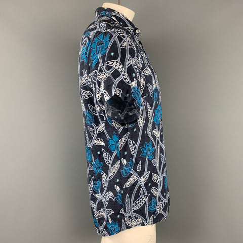 ETRO Size L Navy & Blue Print Linen Button Up Short Sleeve Shirt