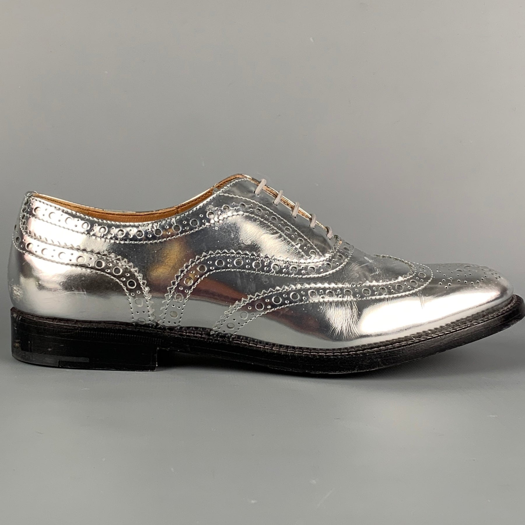 CHURCH'S Size 7.5 Silver Perforated Metallic Leather Wingtip
