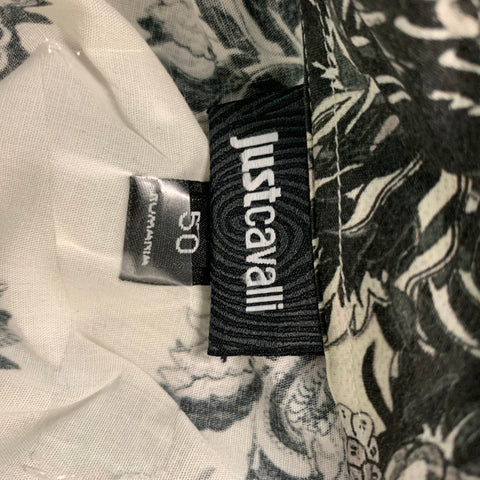 JUST CAVALLI Size M Black White Floral Cotton  Elastane Long Sleeve Shirt