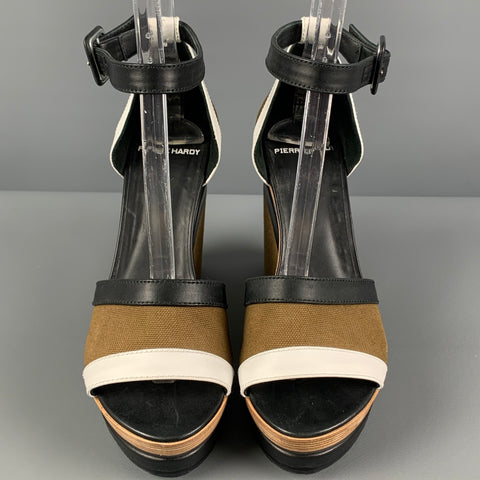 PIERRE HARDY Size 7 Black Olive Canvas Color Block Chunky Heel Sandals