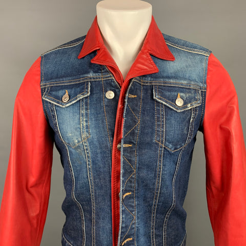 DSQUARED2 Size 38 Indigo & Red Wash Denim Leather Trim Trucker Jacket
