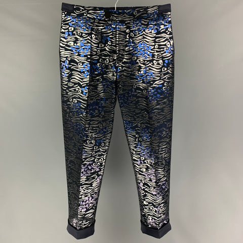 MARCELL VON BERLIN Size 34 Black Silver Blue Jacquard Metallic Zip Fly Dress Pants