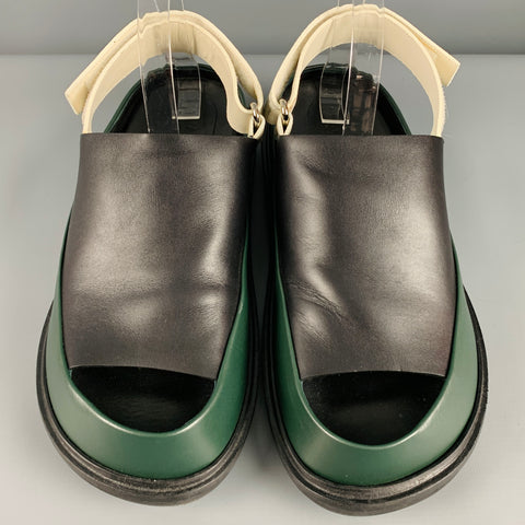 MARNI Size 9 Black White Green Color Block Leather Strap Sandals