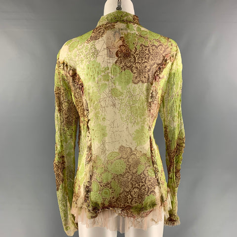 BIYA Size L Gold, Brown & Green Silk Abstract floral Raw edge Blouse