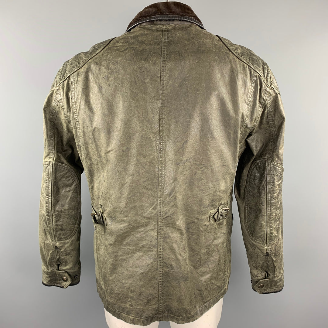 RALPH LAUREN Size L Moss Green Distressed Coated Cotton Zip & Snaps Jacket