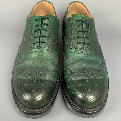 BALLY Bindy Size 10 Green Perforated Leather Wingtip Lace Up Shoes