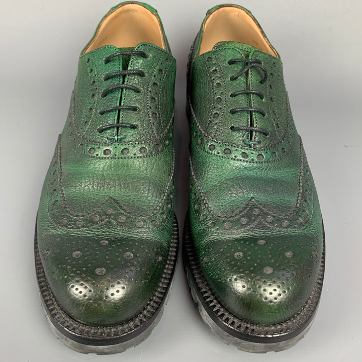 BALLY Bindy Size 10 Green Perforated Leather Wingtip Lace Up Shoes