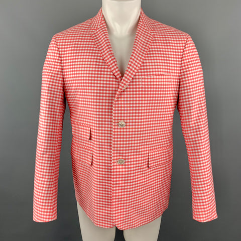 BLACK FLEECE Size 40 Coral & White Checkered Cotton Notch Lapel Sport Coat