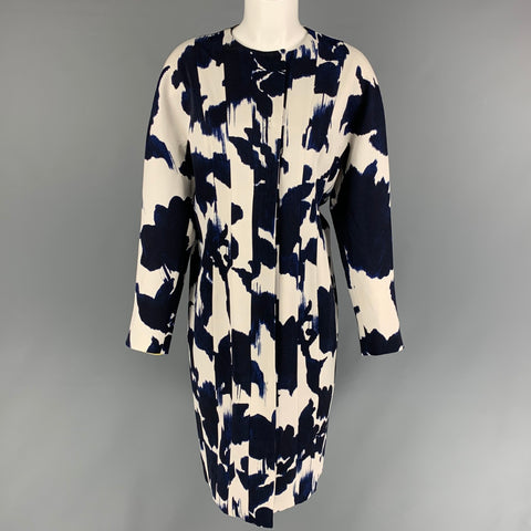 DELPOZO Taille 6 Marine Blanc Viscose Abstrait Floral Laine Manteau sans col
