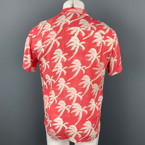 DOUBLE RAINBOUU Size S Pink & White Palm Tree Rayon Camp Short Sleeve Shirt