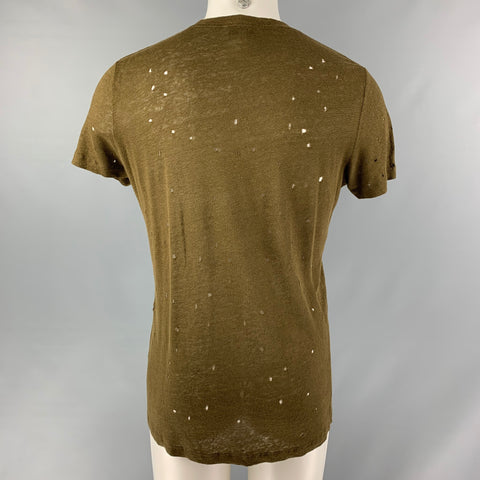 IRO Size M Olive Distressed Linen Crew-Neck T-shirt