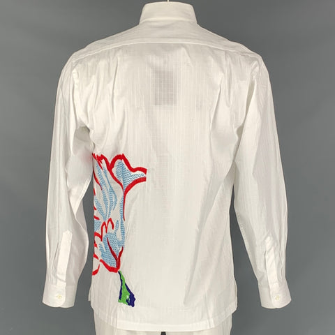 OLIVER SPENCER Size L Embroidery Cotton Button  White Long Sleeve Shirt