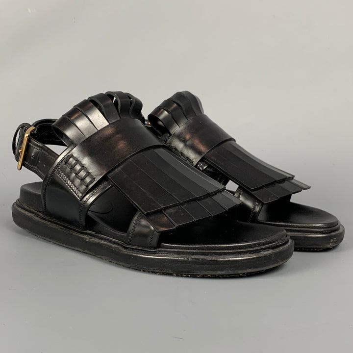 MARNI Fussbett Size 8 Black Leather Fringed Sandals