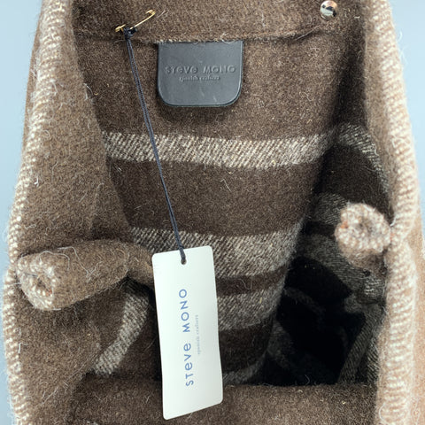STEVE MONO Striped Textured Brown Wool Black Leather Straps Tote Bag